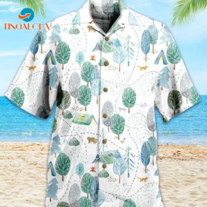 Pattern Camping Road Fox Wolf Bear Woods Trees Grey Ting Hawaiian Shirt 3D Fox Lover Ting Hawaiian Shirt For Summer Gifts